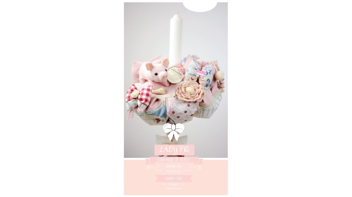 Lumanare de botez shabby chic pentru fetite, 65x4 cm, Lady Pig  1